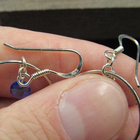 Sterling Silver Hoop With Blue Glass Gem Earrings - Picture 3 of 5